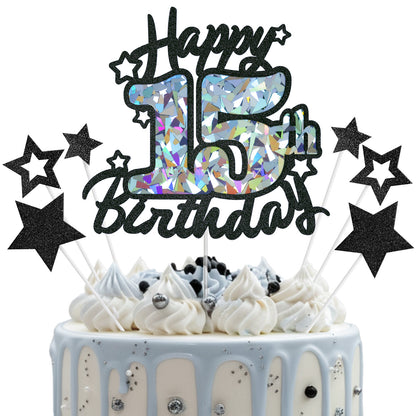 Frolicia Black Glitter and Gem Birthday Cake Topper Decoration