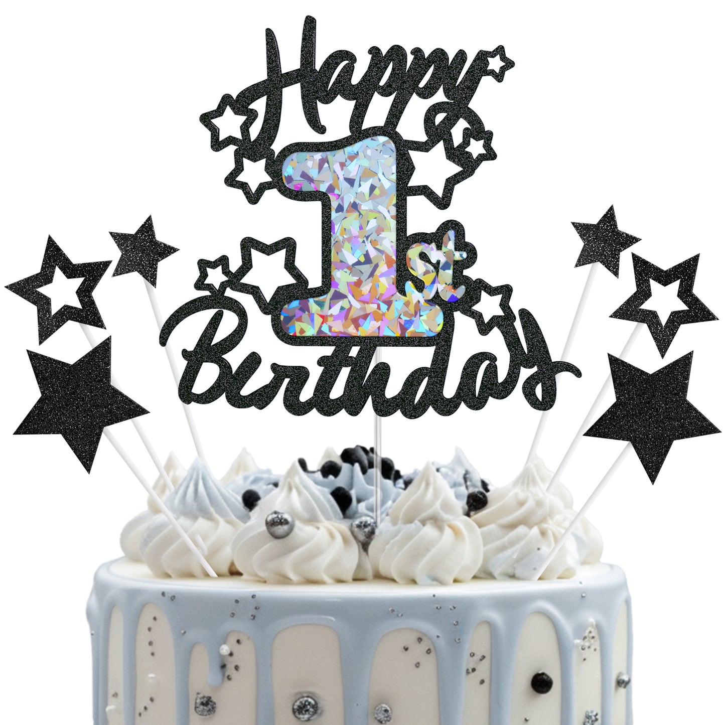 Frolicia Black Glitter and Gem Birthday Cake Topper Decoration