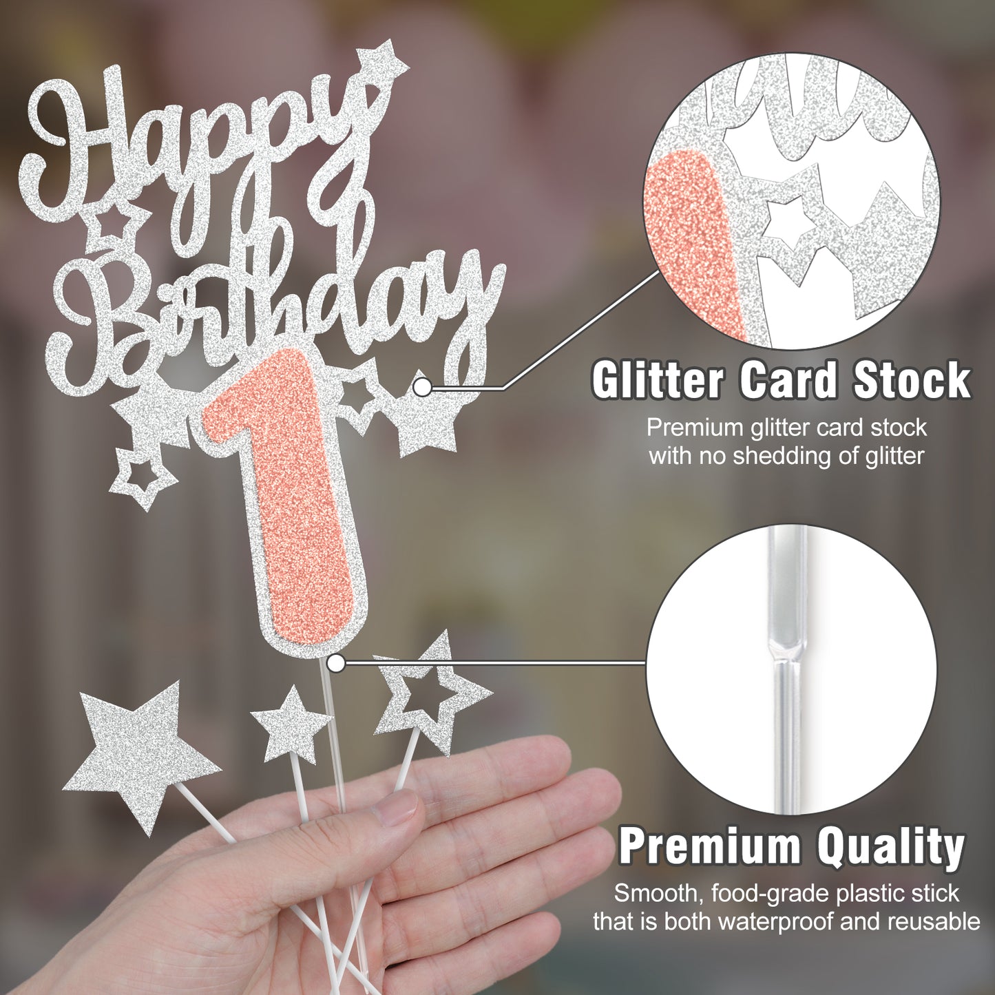 Frolicia Rose Gold Silver Glitter Birthday Cake Topper Decoration